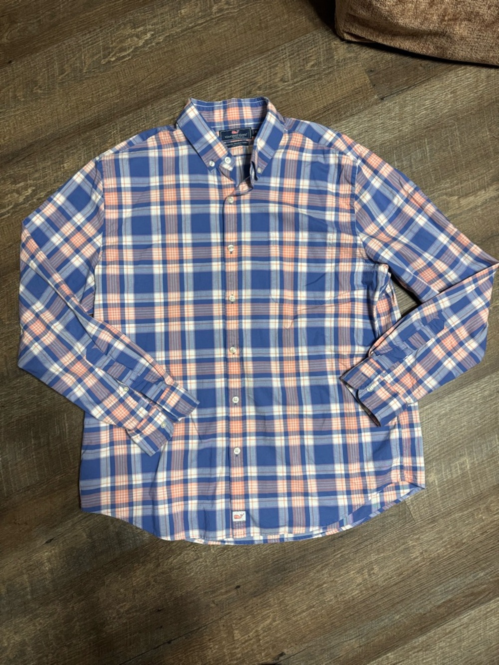 Vineyard Vines Slim Fit Murray Oxford Blue/Pink Plaid Long Sleeve w/ Pocket XL